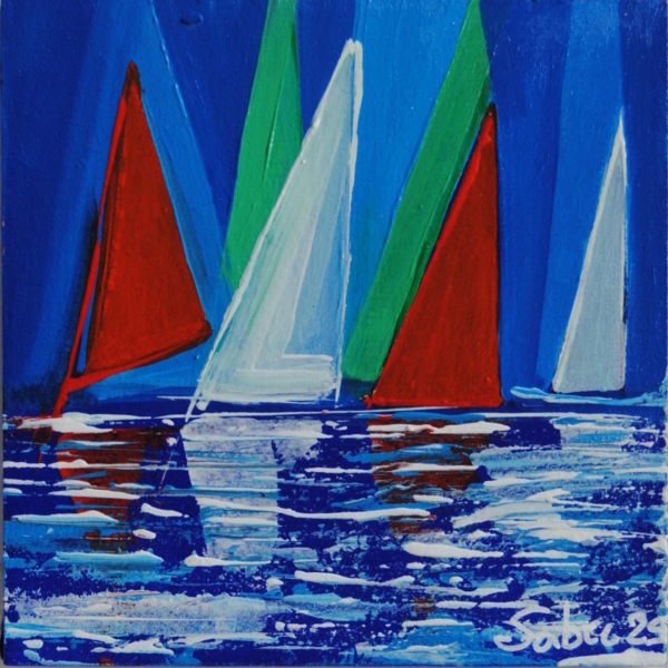 Vela 1 –quadro Vele in mare di Sabrina Faustini, colori azzurri e bianchi in movimento