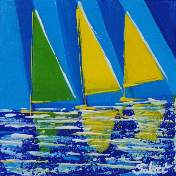 Vela 4 –quadro Vele in mare di Sabrina Faustini, blu, verde e giallo in movimento