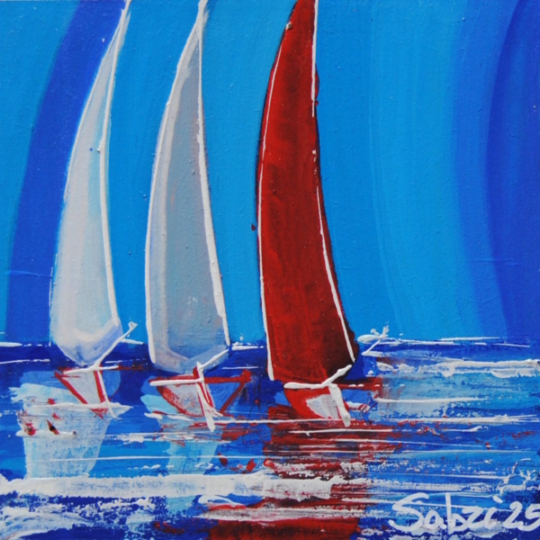 Vela 5 –quadro Vele in mare di Sabrina Faustini, colori rossso e bianco in movimento