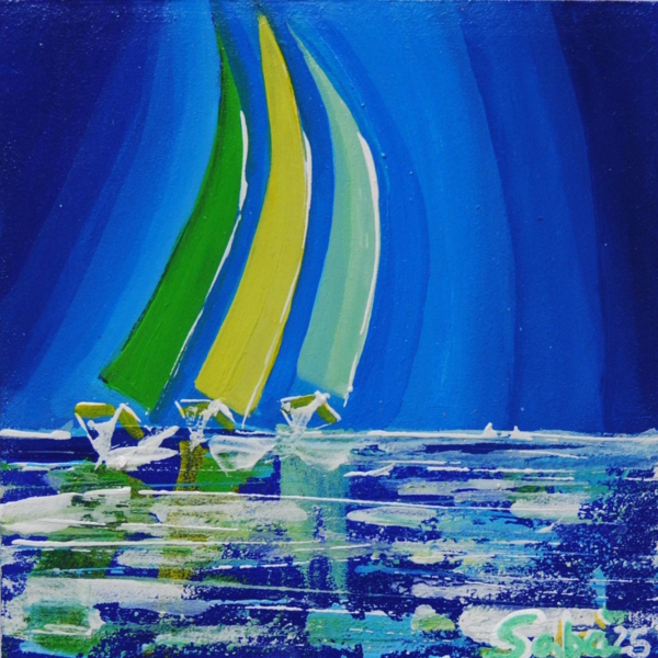 Vela 7 –quadro Vele in mare di Sabrina Faustini, giallo azzurro e verde in movimento