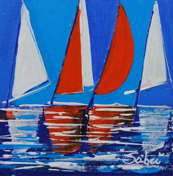 Vela 8 –quadro Vele in mare di Sabrina Faustini, azzurro, rosso e turchese in movimento