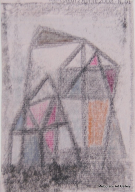 Monotipo con intervento manuale di Sergio Mazzoni – segni geometrici e tonalità terrose su carta.