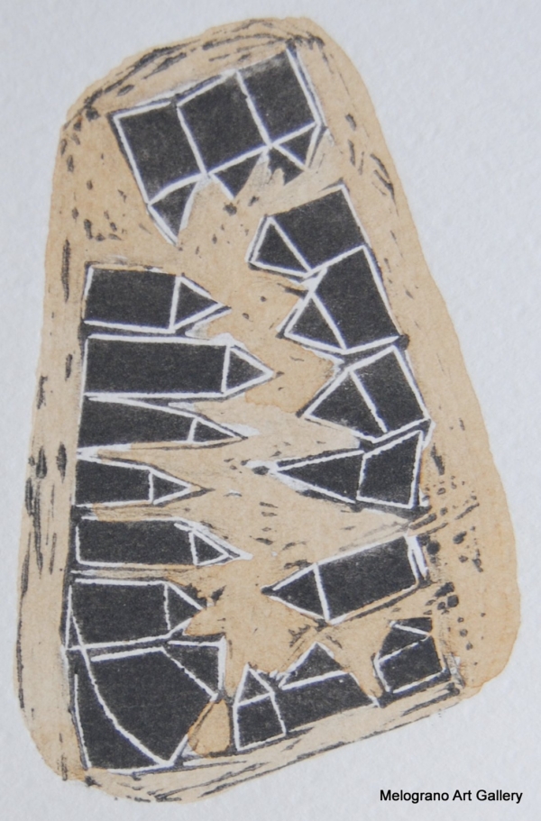 Monotipo con intervento manuale di Sergio Mazzoni – segni geometrici e tonalità terrose su carta.