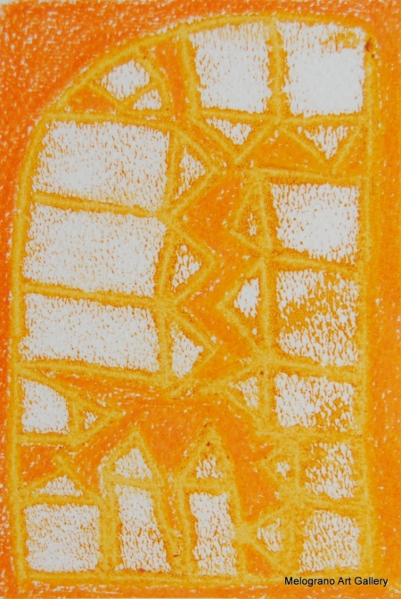 Monotipo con intervento manuale di Sergio Mazzoni – segni geometrici e tonalità ocra, gialle e terrose su carta.