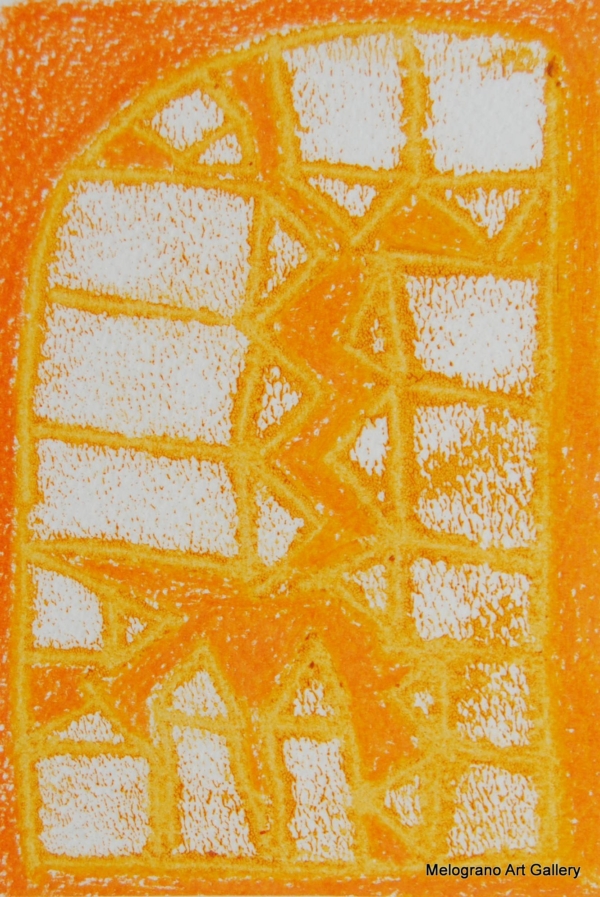 Monotipo con intervento manuale di Sergio Mazzoni – segni geometrici e tonalità ocra, gialle e terrose su carta.