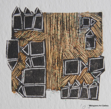 Monotipo con intervento manuale di Sergio Mazzoni – segni geometrici e tonalità terrose su carta.