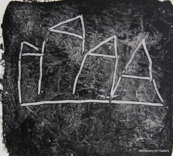 Monotipo con intervento manuale di Sergio Mazzoni – segni geometrici e tonalità terrose su carta.