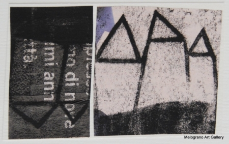 Monotipo con intervento manuale di Sergio Mazzoni – segni geometrici e tonalità terrose su carta.