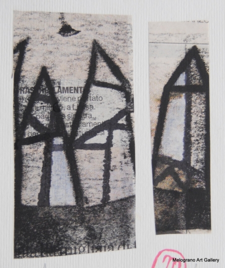 Monotipo con intervento manuale di Sergio Mazzoni – segni geometrici e tonalità terrose su carta.