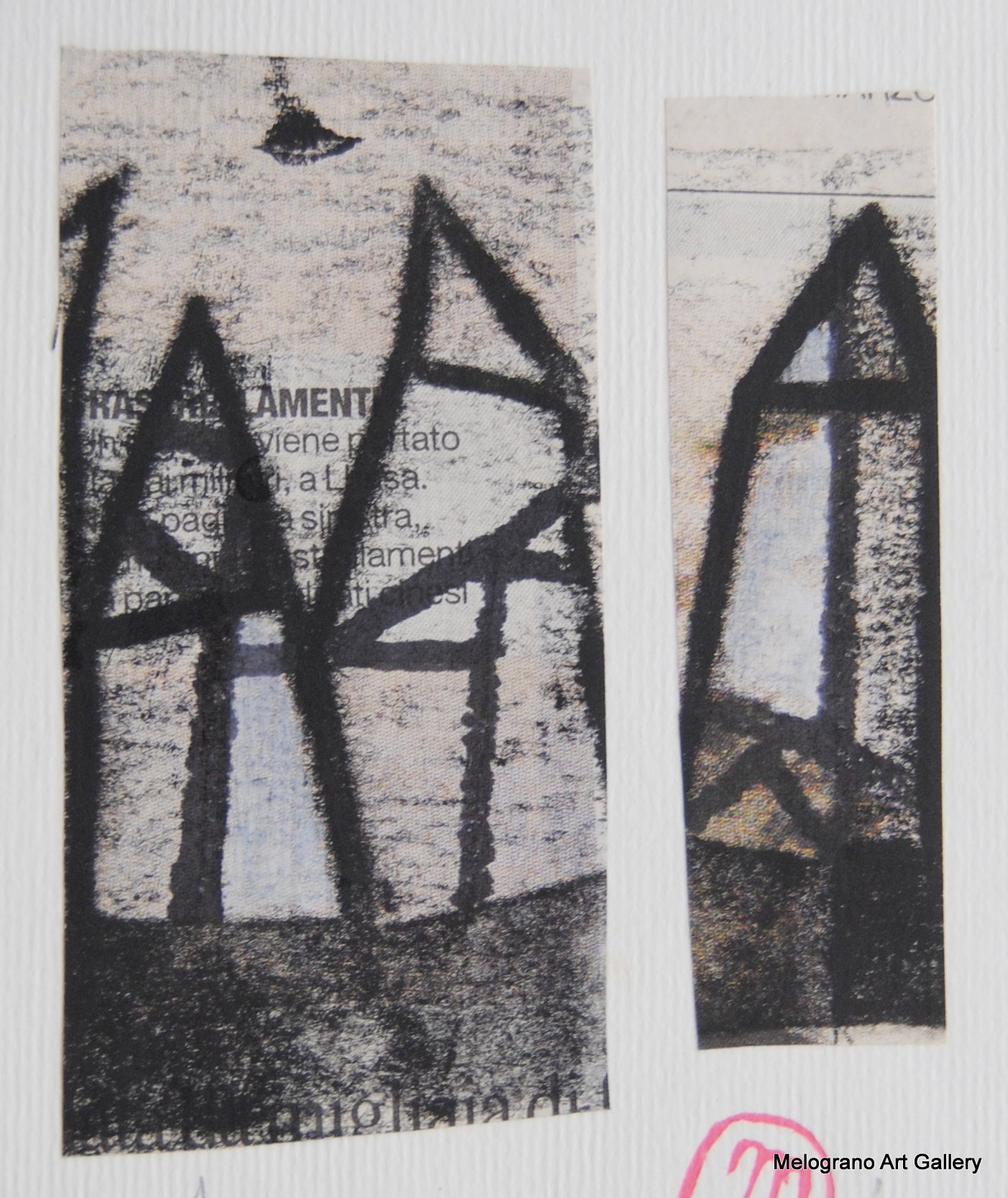 Monotipo con intervento manuale di Sergio Mazzoni – segni geometrici e tonalità terrose su carta.