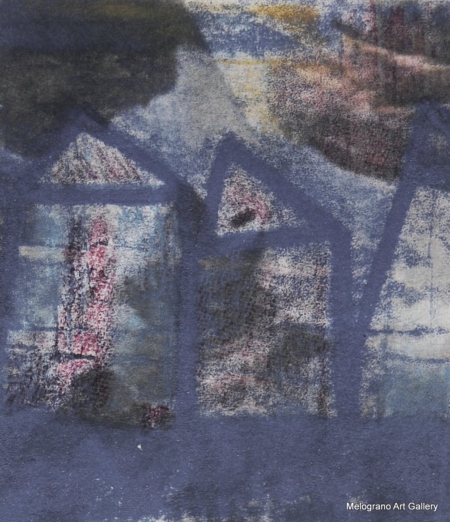 Monotipo con intervento manuale di Sergio Mazzoni – segni geometrici e tonalità terrose su carta.