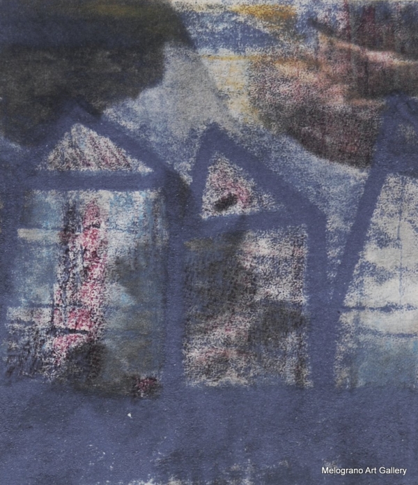 Monotipo con intervento manuale di Sergio Mazzoni – segni geometrici e tonalità terrose su carta.