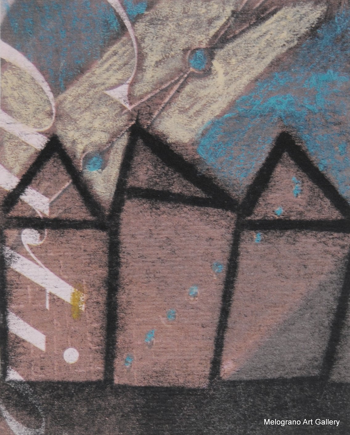 Monotipo con intervento manuale di Sergio Mazzoni – segni geometrici e tonalità terrose su carta.