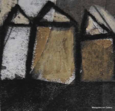 Monotipo con intervento manuale di Sergio Mazzoni – segni geometrici e tonalità terrose su carta.