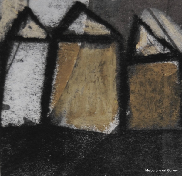 Monotipo con intervento manuale di Sergio Mazzoni – segni geometrici e tonalità terrose su carta.