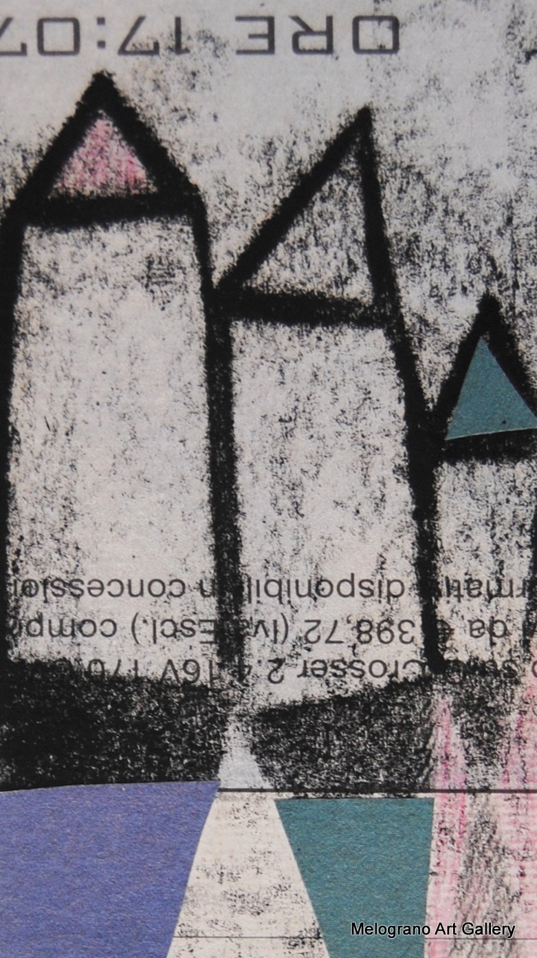 Monotipo con intervento manuale di Sergio Mazzoni – segni geometrici e tonalità terrose su carta.