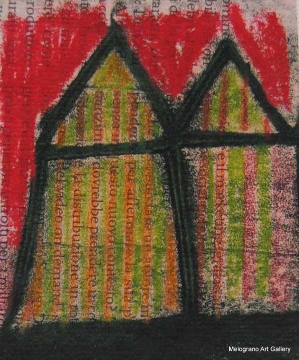 Monotipo con intervento manuale di Sergio Mazzoni – segni geometrici e tonalità terrose e rosse su carta.