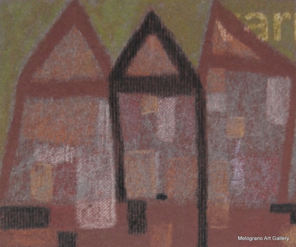 Monotipo con intervento manuale di Sergio Mazzoni – segni geometrici e tonalità terrose su carta.