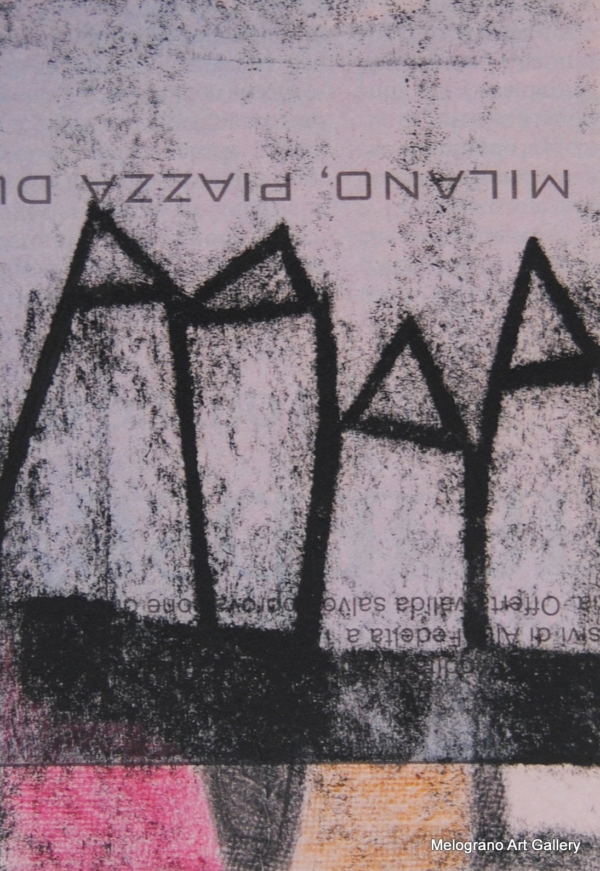 Monotipo con intervento manuale di Sergio Mazzoni – segni geometrici e tonalità terrose su carta.