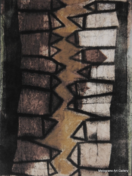 Monotipo con intervento manuale di Sergio Mazzoni – segni geometrici e tonalità terrose su carta.