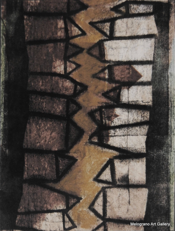 Monotipo con intervento manuale di Sergio Mazzoni – segni geometrici e tonalità terrose su carta.