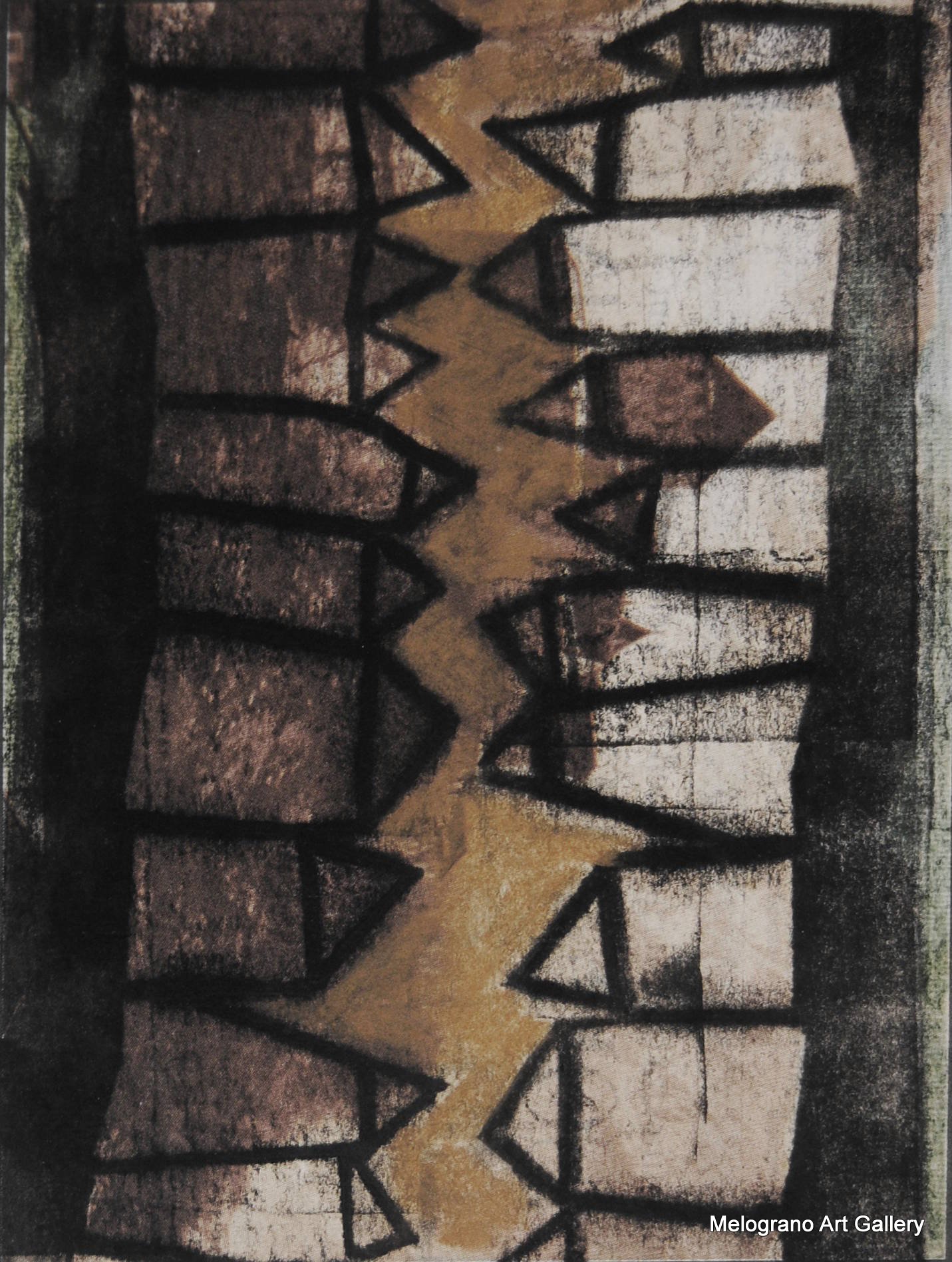 Monotipo con intervento manuale di Sergio Mazzoni – segni geometrici e tonalità terrose su carta.