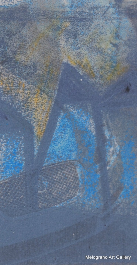 Monotipo con intervento manuale di Sergio Mazzoni – segni geometrici e tonalità azzurre su carta.