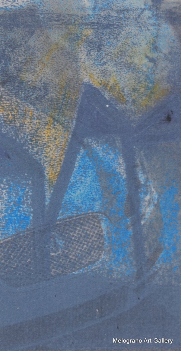 Monotipo con intervento manuale di Sergio Mazzoni – segni geometrici e tonalità azzurre su carta.