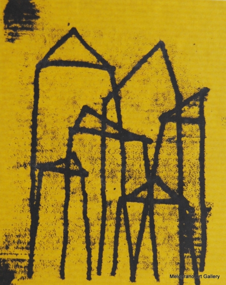 Monotipo con intervento manuale di Sergio Mazzoni – segni geometrici e tonalità ocra, gialle e terrose su carta.