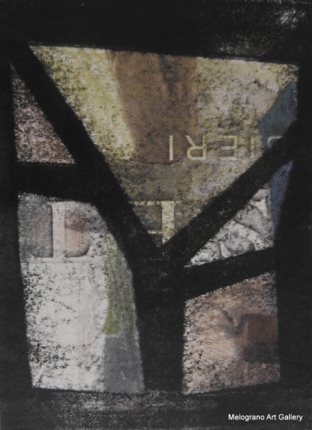 Monotipo con intervento manuale di Sergio Mazzoni – segni geometrici e tonalità terrose su carta.