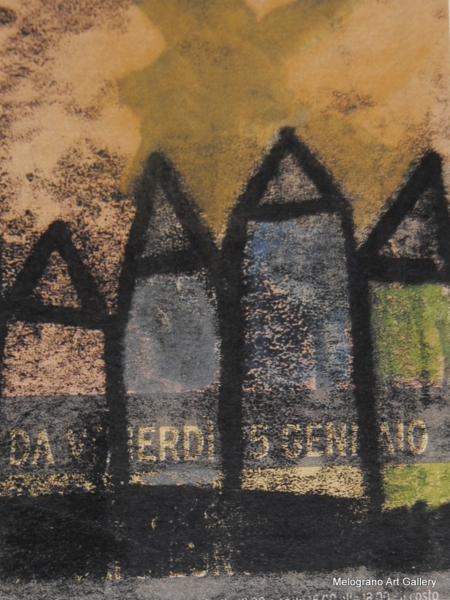 Monotipo con intervento manuale di Sergio Mazzoni – segni geometrici e tonalità terrose su carta.