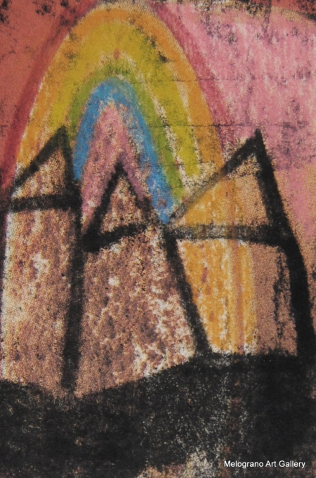 Monotipo con intervento manuale di Sergio Mazzoni – segni geometrici e tonalità terrose su carta.