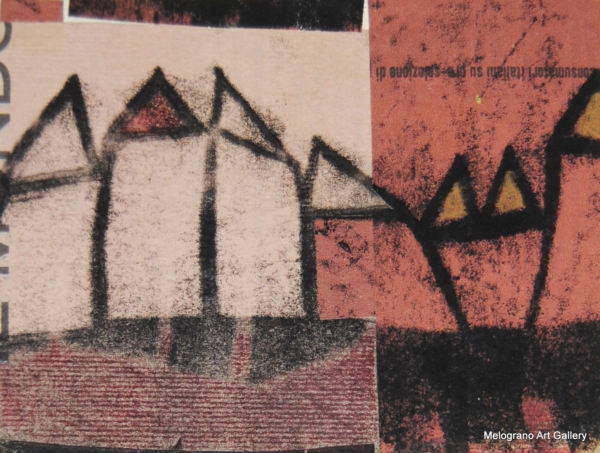 Monotipo con intervento manuale di Sergio Mazzoni – segni geometrici e tonalità terrose su carta.