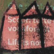 Monotipo con intervento manuale di Sergio Mazzoni – segni geometrici e tonalità terrose su carta.