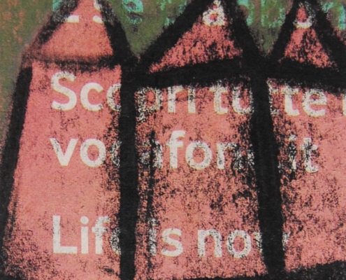 Monotipo con intervento manuale di Sergio Mazzoni – segni geometrici e tonalità terrose su carta.