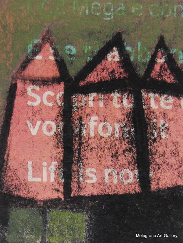 Monotipo con intervento manuale di Sergio Mazzoni – segni geometrici e tonalità terrose su carta.