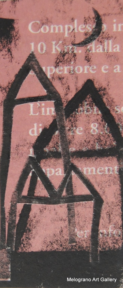 Monotipo con intervento manuale di Sergio Mazzoni – segni geometrici e tonalità terrose su carta.