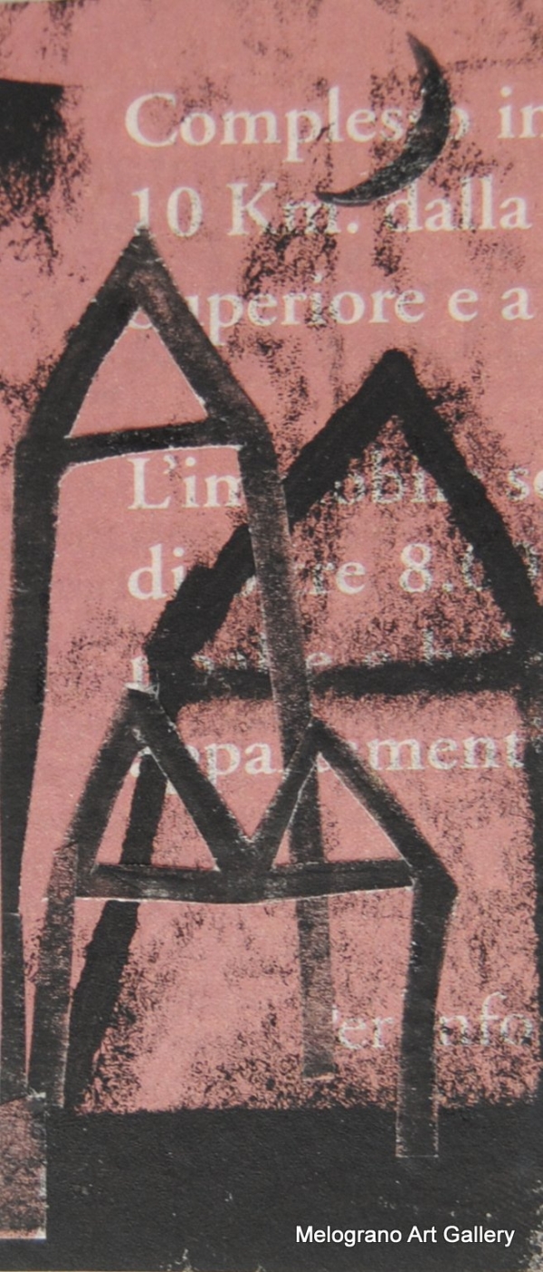 Monotipo con intervento manuale di Sergio Mazzoni – segni geometrici e tonalità terrose su carta.