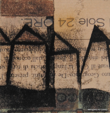 Monotipo con intervento manuale di Sergio Mazzoni – segni geometrici e tonalità terrose su carta.