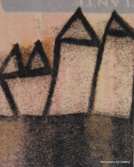 Monotipo con intervento manuale di Sergio Mazzoni – segni geometrici e tonalità terrose su carta.