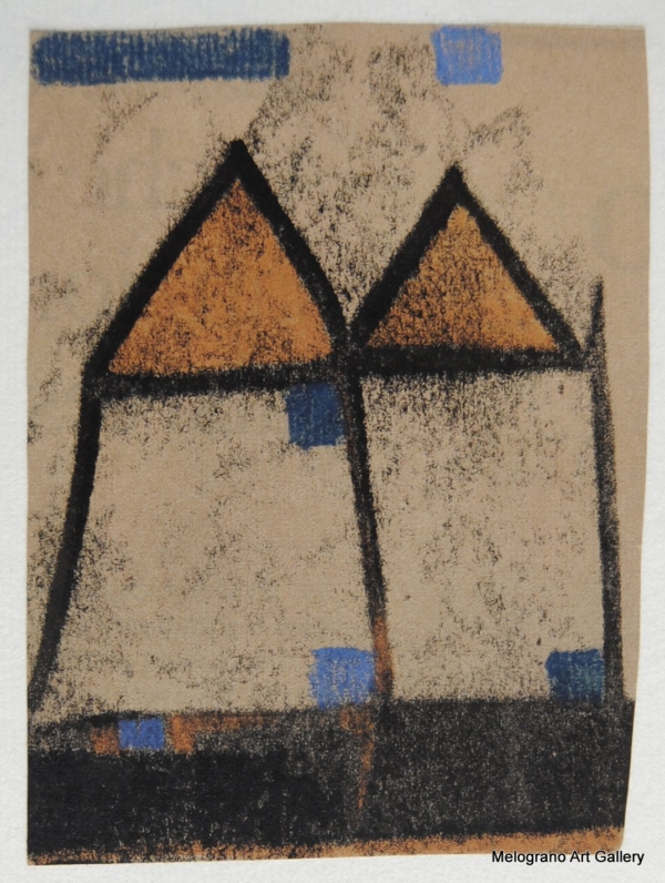 Monotipo con intervento manuale di Sergio Mazzoni – segni geometrici e tonalità terrose su carta.