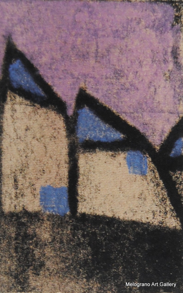 Monotipo con intervento manuale di Sergio Mazzoni – segni geometrici e tonalità terrose su carta.