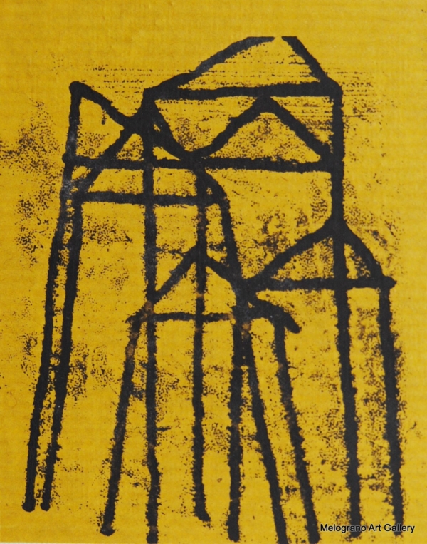 Monotipo con intervento manuale di Sergio Mazzoni – segni geometrici e tonalità ocra, gialle e terrose su carta.