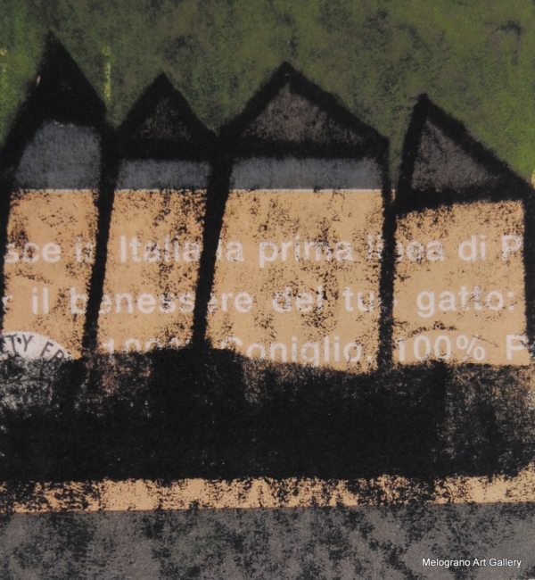 Monotipo con intervento manuale di Sergio Mazzoni – segni geometrici e tonalità terrose su carta.