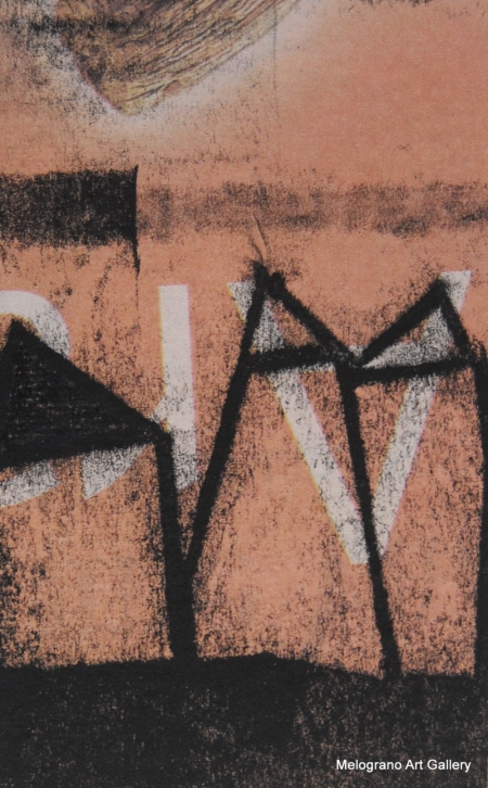 Monotipo con intervento manuale di Sergio Mazzoni – segni geometrici e tonalità terrose su carta.