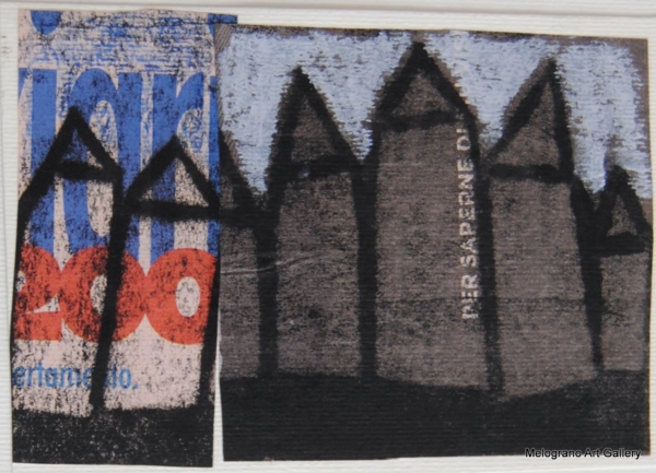 Monotipo con intervento manuale di Sergio Mazzoni – segni geometrici e tonalità terrose su carta.