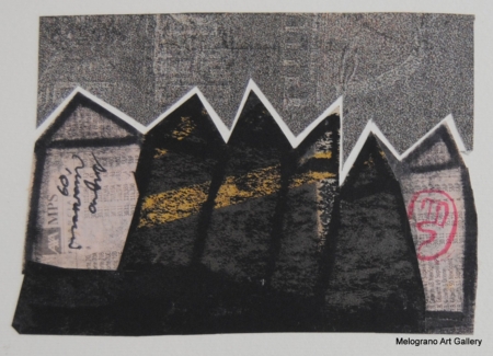 Monotipo con intervento manuale di Sergio Mazzoni – segni geometrici e tonalità terrose su carta.