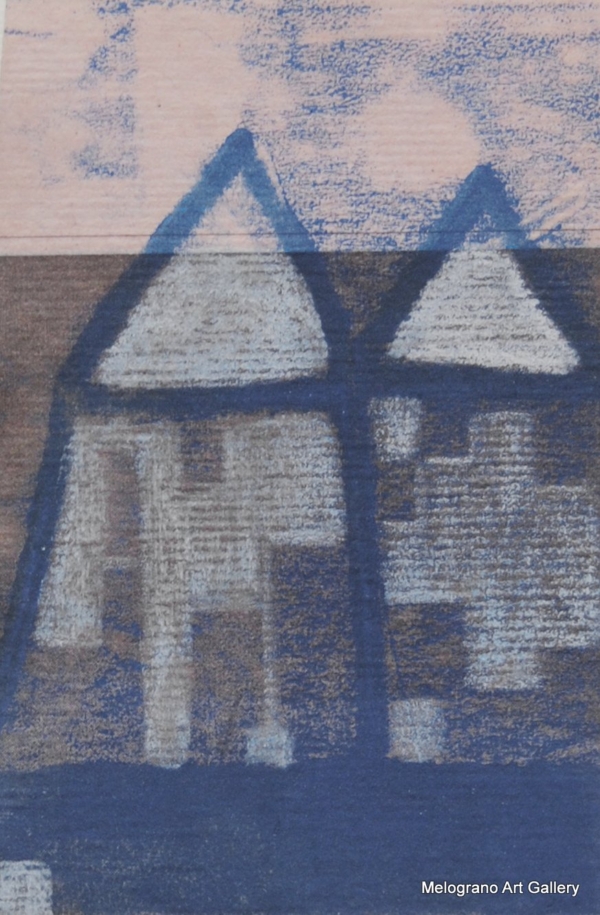 Monotipo con intervento manuale di Sergio Mazzoni – segni geometrici e tonalità terrose su carta.