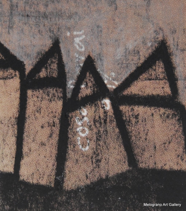 Monotipo con intervento manuale di Sergio Mazzoni – segni geometrici e tonalità terrose su carta.