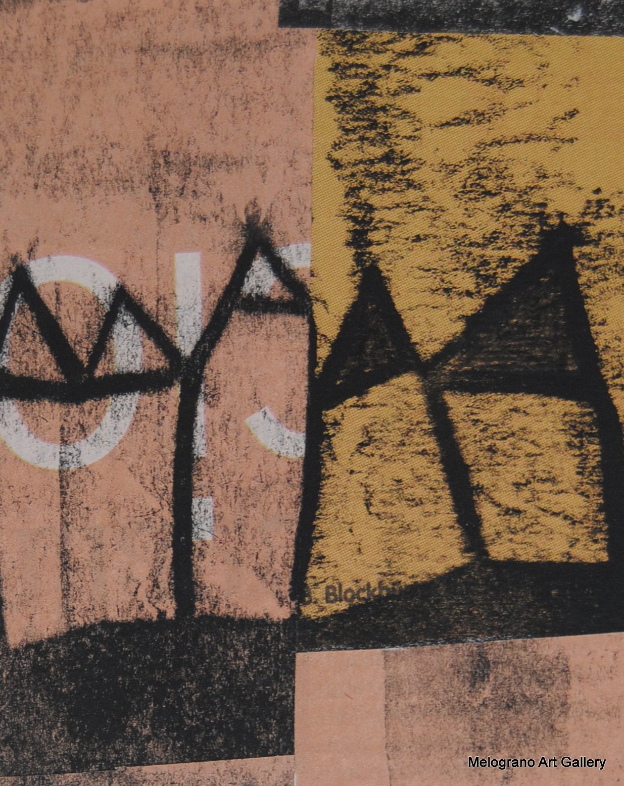 Monotipo con intervento manuale di Sergio Mazzoni – segni geometrici e tonalità terrose su carta.